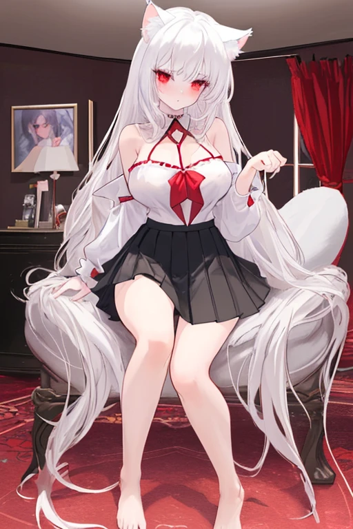 best quality, (masterpiece:1.2), highly detailed, indoors, bedroom, sitting, on chair, 1girl, solo, slight smile, blush, large breasts, grey hair, red eyes, long hair, (white bikini), alice, vampire, pointy ears, wet, crossed legs