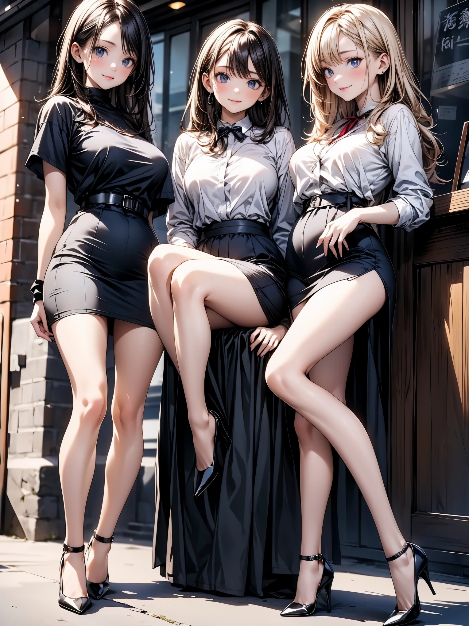 (masterpiece:1.3),(best quality, highest quality),((Full Body Shot,Including face)),3girls,8k,masterpiece,((Focus on the face)),((Symmetrical facial features)),Beautiful woman,(slender),((High heels,Patterned stockings with straps)),Detailed depiction of the face, Cafe clerk ,In front of the entrance,profile,(Long skirt)