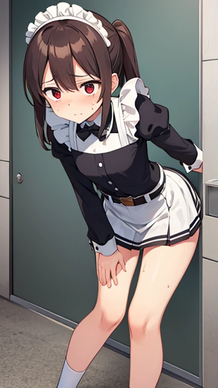 anime boy, crossdresser, 1boy, medium dark brown hair, red eyes, brown skin, wide hips, bubble butt, narrow waist and thick thighs, flustered, brushing, standing in a subway, flat chest, short skirt, visible bulge, shirt, skin tight nun outfit, in a suggestive pose