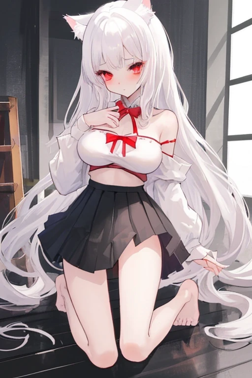 Frontal focus, 1girl, wearing tight underwear, kneeling on the ground, open thighs to reveal red panties, tightened by panties, revealing shy expression, blushing, bag, bangs, berries, white hair, high ponytail, blue eyes, hair between eyes, jewelry, leaves, looking at the audience, female focus, necklace, solo, watch, watch, messy hair, trending on artstation, 8k resolution, very detailed, anatomically correct, clear image, digital painting, concept art, Fashion trends on pixiv, Makoto Shinkai's style,