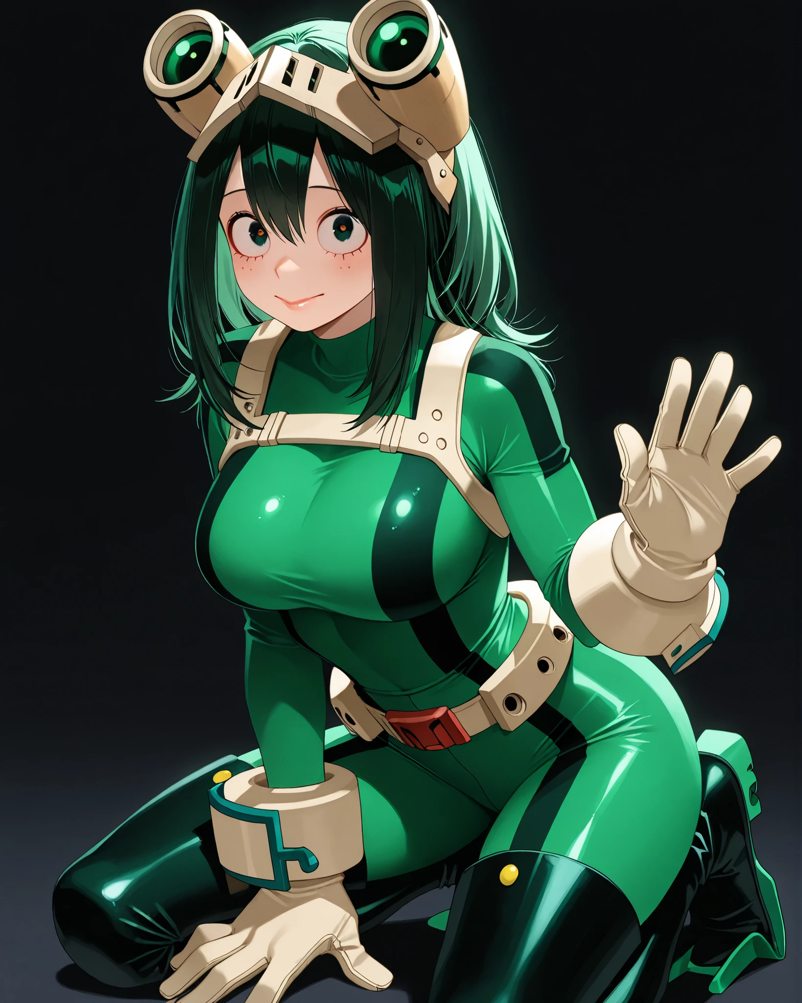 closeup, Sluisap, eyes、usnr、GBF_style、748cmstyle、32K、Semi-realistic、 super detailed description 、Artwork、Original Works、 detailed color、 detailed eyes、 detailed lips 、 The Greatest Masterpiece、Professional work、normal breast, My hero Academia character , Tsuyu Asui , Tsuyu Asui , (Tsuyu  Asui cosplay  :1.3)  sexy , cowboy shot, shiny body, full frame, full length, ( perfect fingers:1.3) , shiny body,   perfect fingers:1.3, seductive pose , kneeling , black background , hair is a long, dark sea-green color that extends to her hips, large bow at the end of hairs ,  black Wearing a green turtleneck bodysuit, tan gloves with green buckles, and matching belts , black boots , yellow markings and green webbed flippers on her feet. 