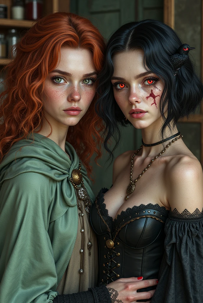 high quality fingers, normal hands, detailed fingers,masterpiece, (realistic, photo-realistic:1.37), (2 woman), katarina from league of legends, medium breast, small waist, dark red hair, blue eyes, beautiful face, perfect illumination, beautiful detailed eyes,looking at viewer, stunningly beautiful woman, detailed hairstyle, detailed background,shorts, detailed fantasy background, (sweat:1)