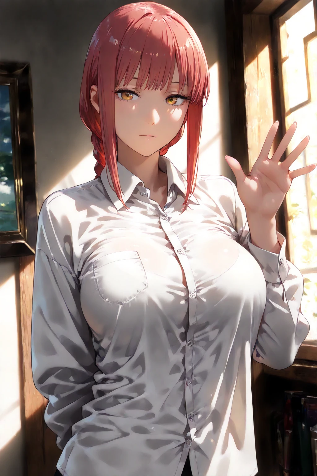 masterpiece,best quality, official art, extremely detailed CG unity 8k wallpaper, ((top quality, 8k, masterpiece: 1.3, ultra HD, high quality, best quality, high definition, ((Realism)), sharp focus: 1.5,(Very detailed CG unity 8K wallpaper), Dark Cinematic Lighting, cinematic lighting, makima \(Chainsaw Man\),detailed gold eyes, beautiful eyes ,((close up face)), looking up ,((wet clothes, see through detailed nipples)), ((Cleavage of small breasts)), , Medium Breast ,Red hair, Long braided red hair, cowboy shot, detailed thin thighs, detailed navel , black denim, dark background, (kneeling on desk), The best quality, ,detailed erect nipples,
