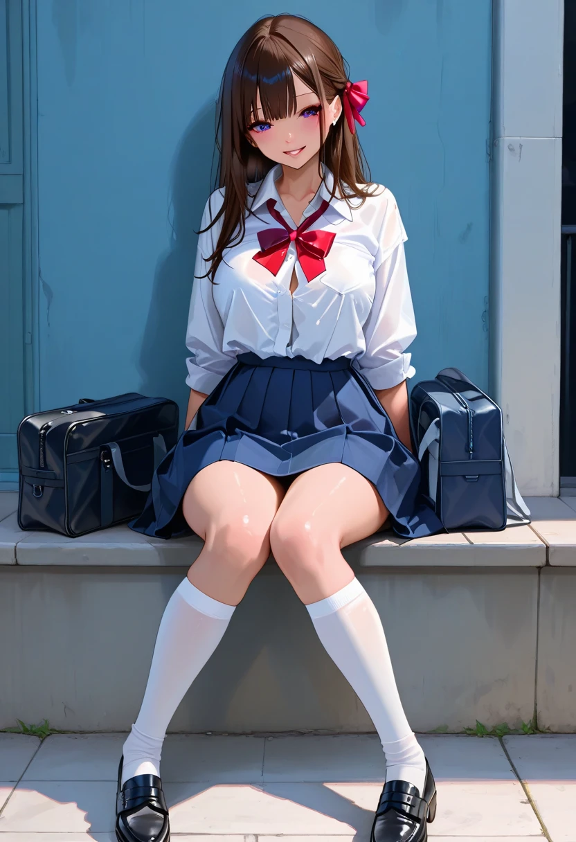 Japan schoolgirl uniform, mini skirt, (sitting squatting with legs wide open), (red panties visible), brown-haired curly hair, young, cute, beautiful girl, gigantic breasts, cleavage emphasis, excited face, best body, stairs, straight ahead, looking at the viewer, 8K, very detailed, best image quality, best quality, super high definition, masterpiece,