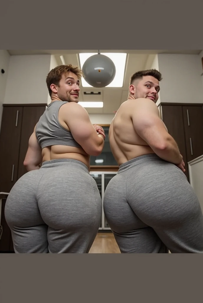 Two college baseball players, gay, white, athletic, wearing grey sweatpants, absolutely massive ass, comically massive butt, huge boy booty, boy bubble butt, one has his face in the other boy’s ass