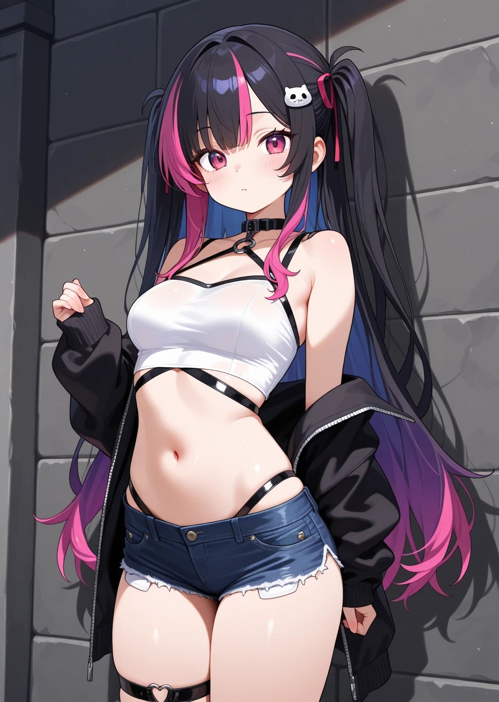 1girl, city,BREAK zozo-nosiro,oni horns,black hair,black eyes, long hair, ponytail, black bikini,black jacket, boots, bracelet,black enamel pants,pendant, BREAK smile,sitting, BREAK, (dark light:1.2),(hyper extreme detailed),(masterpeace:0.5),(hyper extreme),(photorealistic),game cg,llustration,novel illustration,beautiful lighting,light from the front,