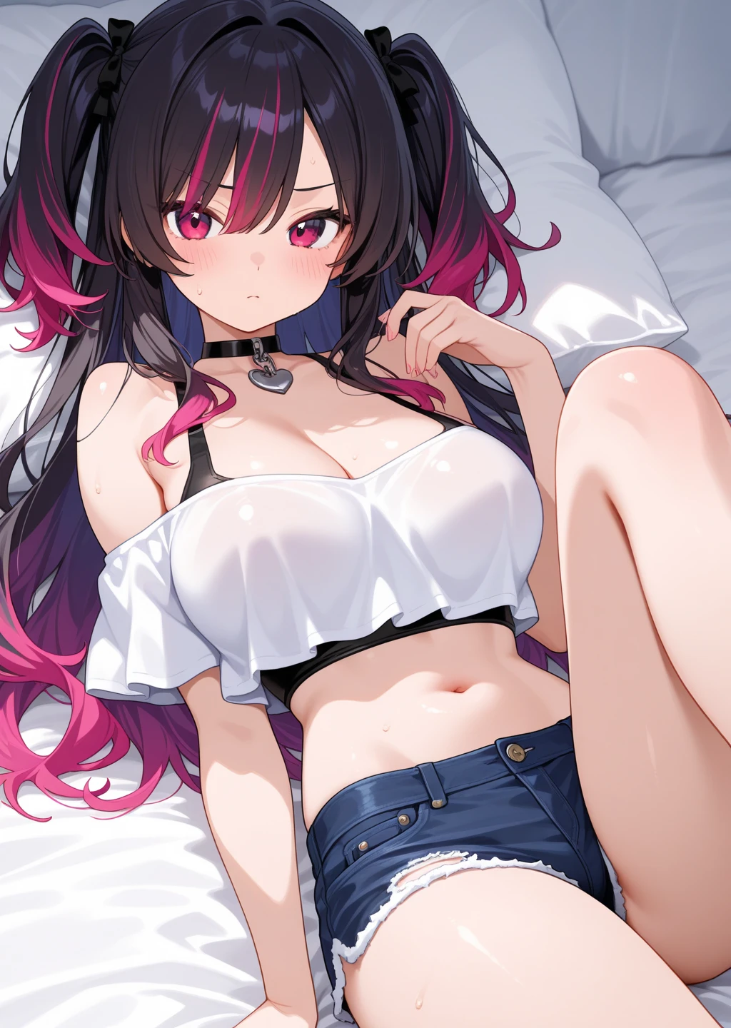 One girl, alone, Black Hair, Scene Hair, Barrette, Pink Stripes, Striped Hair, Very long hair, Off-the-shoulder shirt, indoor, Luxury Bedroom, Cute decoration, window, stuffed toy, jirai kei, Printed Tank Top, Micro Thong Lace Panties, Thick lips, Moonlight Eyes, Layered Hair, Super huge huge chests, Cleavage and underboob are visible, Sexy and seductive slutty poses, Tattoo sleeves and piercings, abdomen , Thick thighs, (anime:1.2), Blunt Bang, eye make up