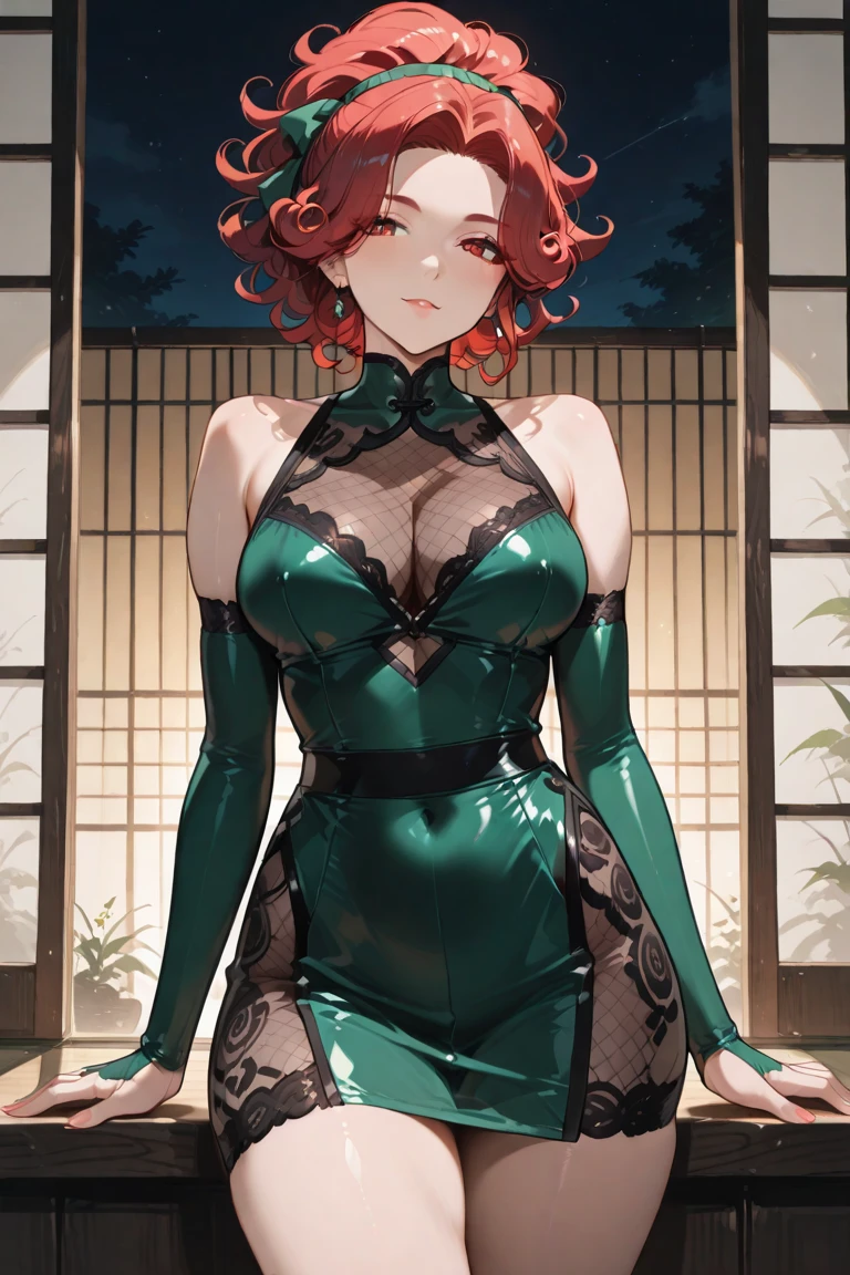1girl, underwear, tight shirt, lingerie, big chest, green eyes, long torso, red hair, ponytail, shiny skin, reaching at the top of a cupboard
