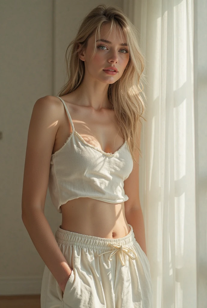 arafed woman leaning, wearing a white top, wearing a sexy cropped top, bare midriff, flat chested, bralette, karol bak of emma watson nun, exposed midriff, beautiful midriff, photo of slim girl model, physical : tinyest midriff ever, wearing crop top, wearing a crop top, perky niples