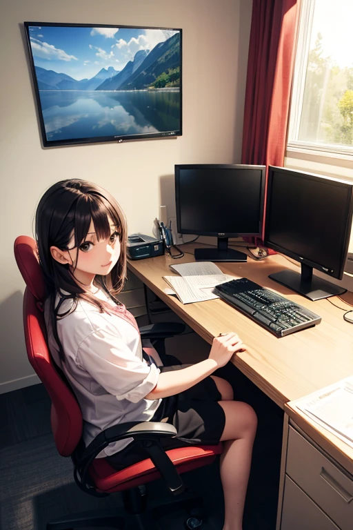 A girl sitting at a desk in her room and looking at a computer