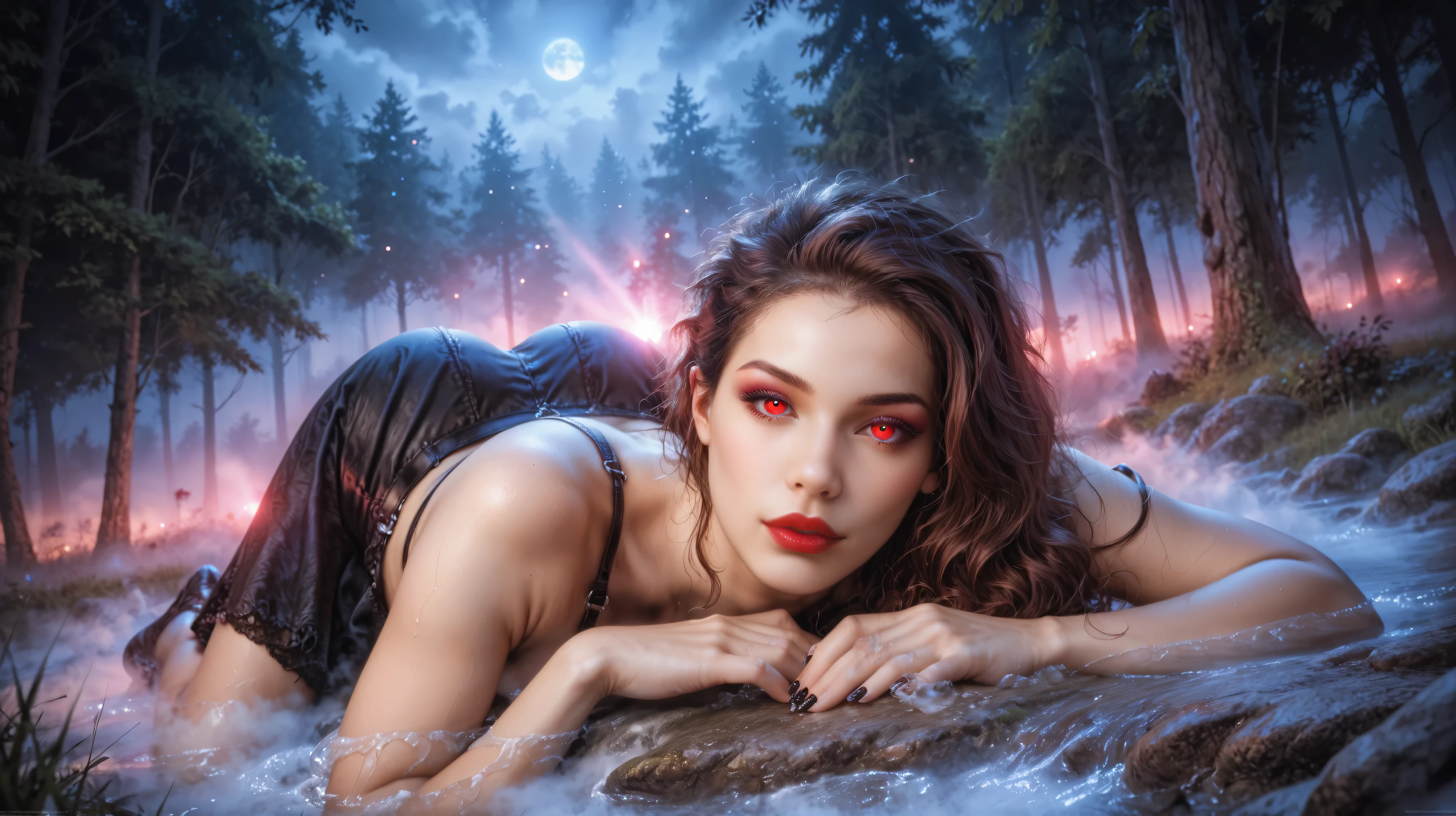 Realistic image, high quality, realism, фотоrealism, perfect anatomy; naked Charlize Theron in a field surrounded by forest; posing while lying down; makeup, lipstick, brunette with long straight hair, glowing eyes, red eyes; gloomy environment, gothic setting, fog, Night; Medium view, seen from the knees;