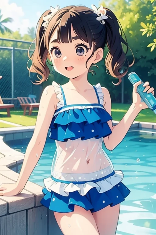 Beautiful illustration, best quality, cute girl, ((Lake at background)), ((Standing)), pastel color, natural tones, ((Brown hair)), ((Cute girl)), ((Looking at viewer)), ((Slender body)), ((Blue One-piece swimsuit)), ((Pout)), (Blush), bright lighting, ((Big eyes)), ((Index at cheek)), ((Perfect hands))