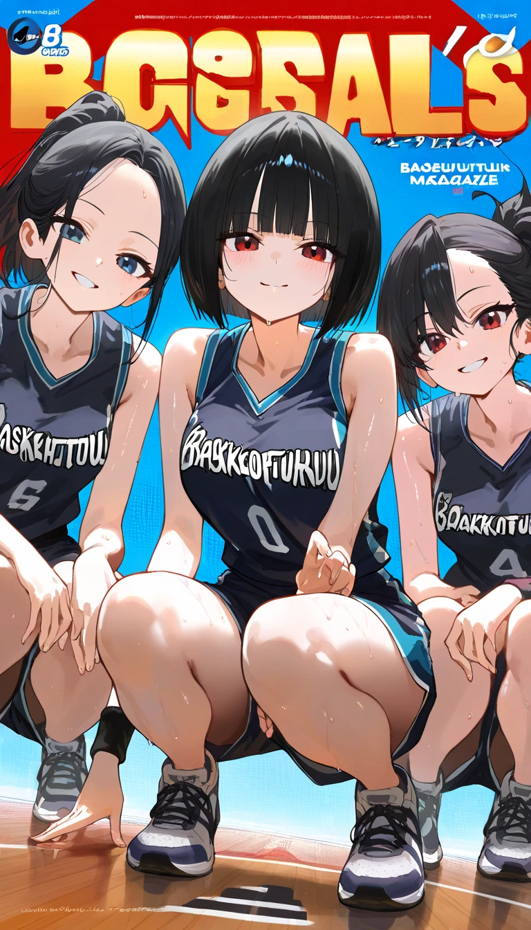 (top-quality、in 8K、32K、masterpiece、nffsw、超A high resolution、Impresionismo、Photorealsitic:1.2)、Full body, Inside the gymnasium、Volleyball Court、beauitful face、blurry backround、16-year-old beautiful girl、shinny skin、bob cuts、Beautiful black hair、Red Eyes、(Hachimaki:1.2)、Volleyball Uniforms、Curve、dynamicposes、Smile with open mouth、Two girls
