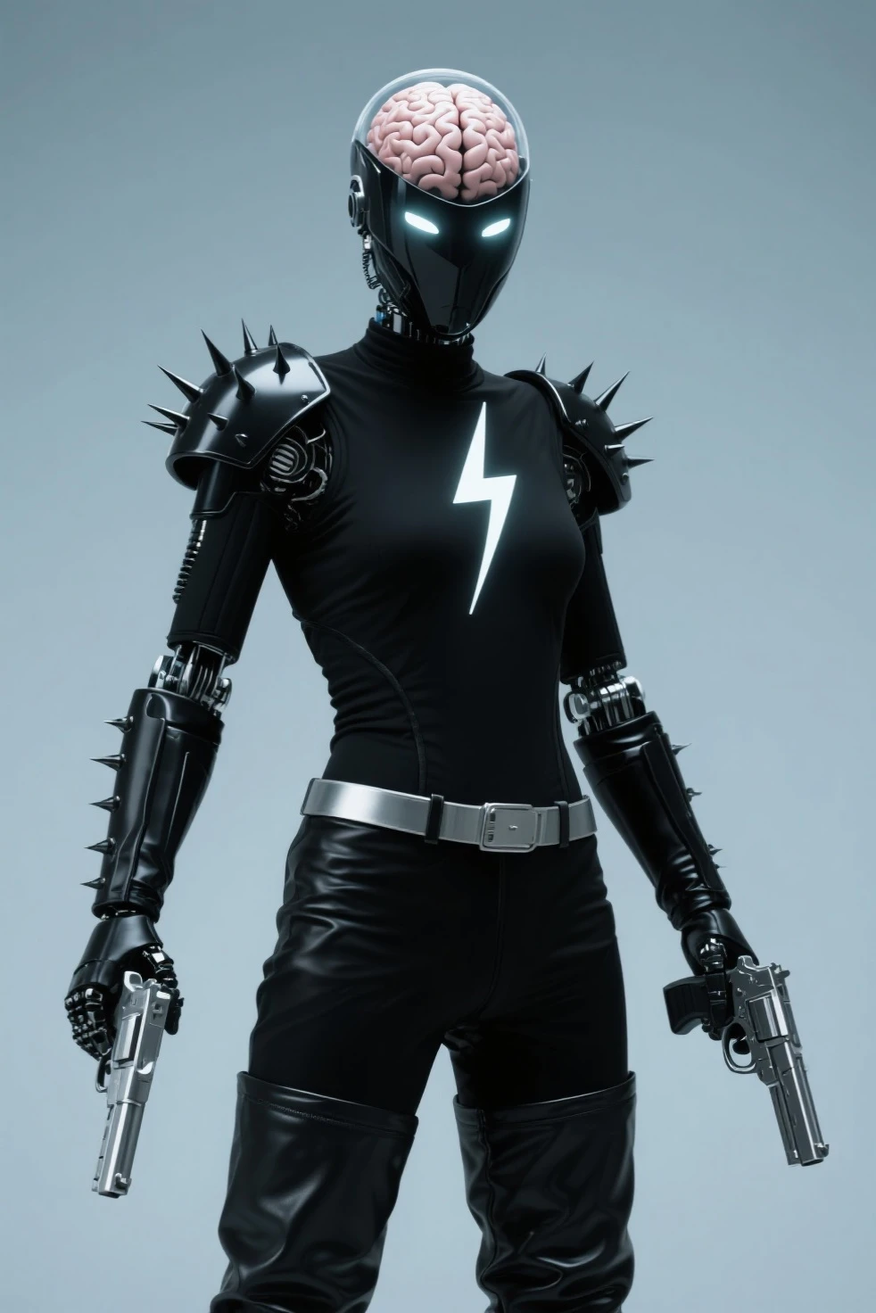 female warrior with mild black hair in futuristic black-green full armor with advanced black-green respirator, high quality, small breasts, green glowing eyes, menacing, pale skin,metallic black-green horns