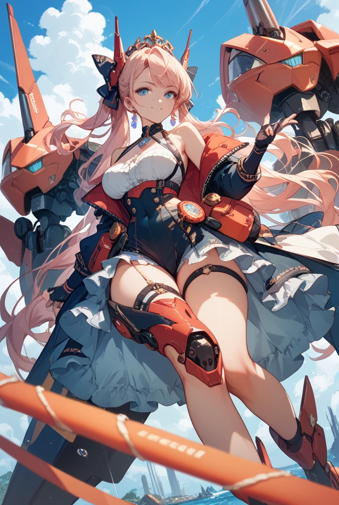 score_9, score_8_up, score_7_up, source_anime, masterpiece, best quality, high resolution, extremely detailed CG, absurdres, 1girl, a girl in mecha bunny_suit jumps high in the air, mecha_bunny_ears, fake animal ears, mecha armor,happy, kawaii, sky, jump, fishnet_thighhighs, large_breasts, holding weapon