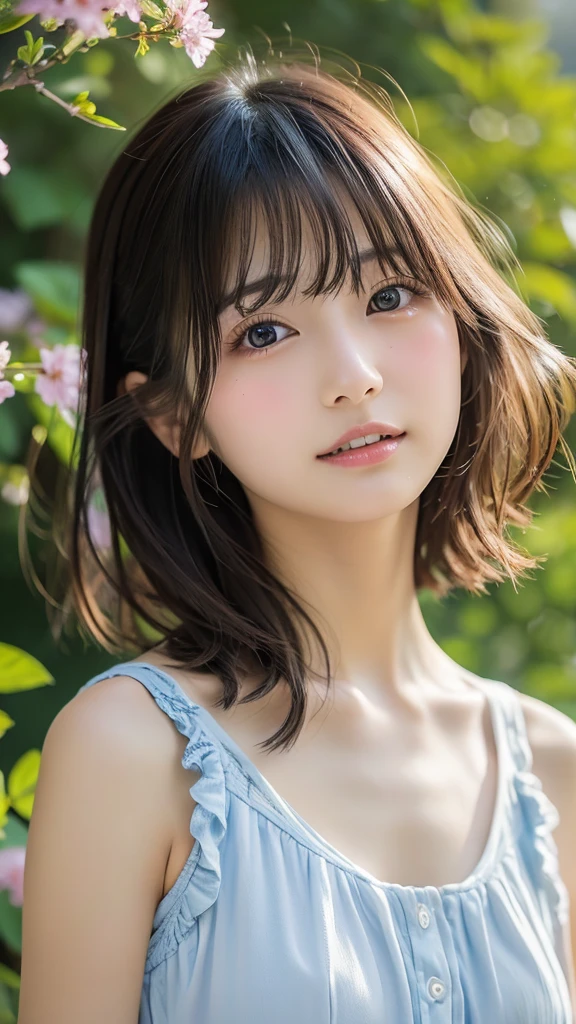 film portrait photography, 1 girl, bare shoulders, Wavy shoulder-length hair, Calm, Calm, (realistic detailed eyes, natural skin texture, realistic facial details), soft and dramatic lighting, written boundary depth, Bokeh, vivid details, finely, surreal, 35mm film, hazy blur, movie,(slim:1.35)、(flat body:1.35)、、cute、inverted triangle face
