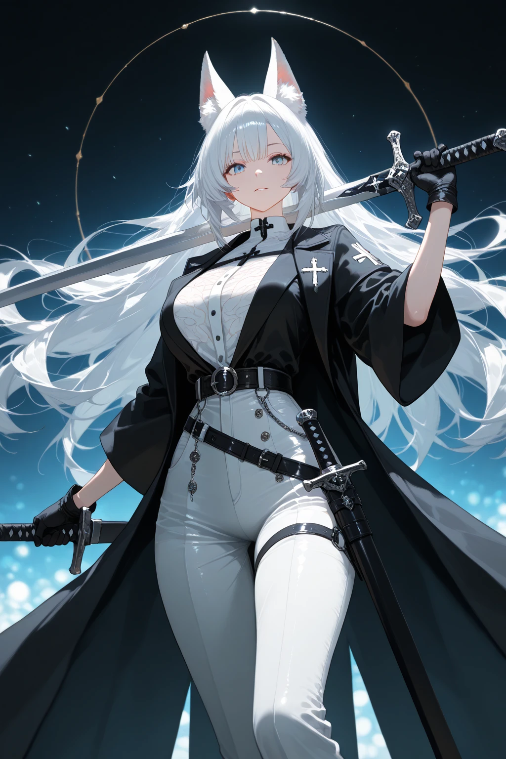 white color hair，Long hair，red eyes，The coat is half worn，empire，Shirtless，white stockings，katana swords，Animal ears，meeting room