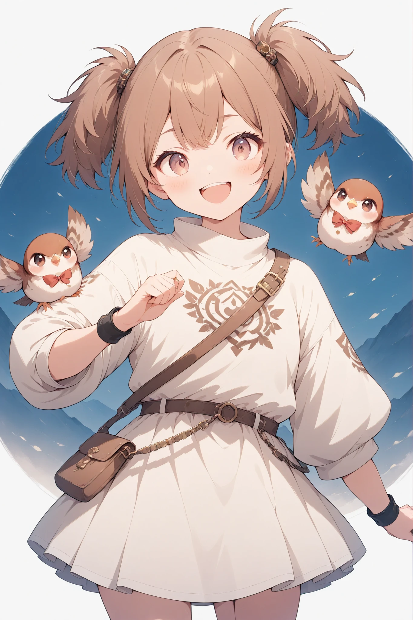 A girl with a sparrow as a motif、 Hair、Mini Twintails、Innocent Girl、boyish、brown and white clothes、roar with laughter