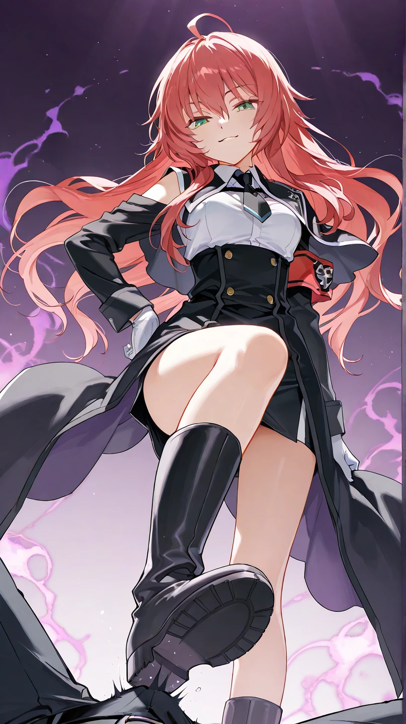 verapgr_rozen, black hairband,red hair, hollow eyes, red eyes, lips, shaded face, detailed face, sweating, looking at viewer, modern decor, cozy atmosphere, relaxing vibes, urban backdrop, dreamy ambiance, huge breast, 1girl, solo, holding staff, staff, bodysuit,  skintightsuit, field, cloudy sky, bokeh, falling petals, spotlight, 
