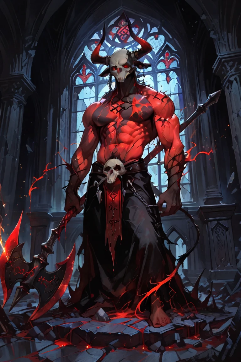 masterpiece, noise reduction, void noise, one male elf, Best quality, permission 8k, male focus, sharp image, Just focus, stunning composition, Volumetric lighting, super quality, Very detailed, fantasy, Adult male zombie elf with very long white curly disheveled hair, pale, dead man with pale grayish skin, thin, skinny, with white stubble, expressive yellow eyes with a vertical pupil, cadaveric spots, crazy, shirtless, wearing fingerless gloves, torn pants, without shoes, in blood, sharp claws, with scythe in her hands, fantasy средневековье, Gloomy Dungeon