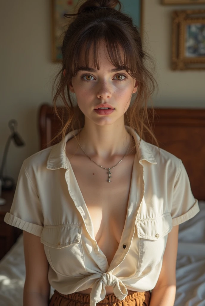 ((realistic light, best quality, 8k, Masterpiece: 1.3)), Sharp focus: 1.2, 1 girl, Beauty with a perfect figure: 1.4, Slender stomach: 1.1, ((layered hairstyle)), (white shirt: 1.4), (outdoor: 1.1), A particularly detailed face, good eyes, Double eyelids, xxxxx,Put on some underwear.,You can clearly see your chest.