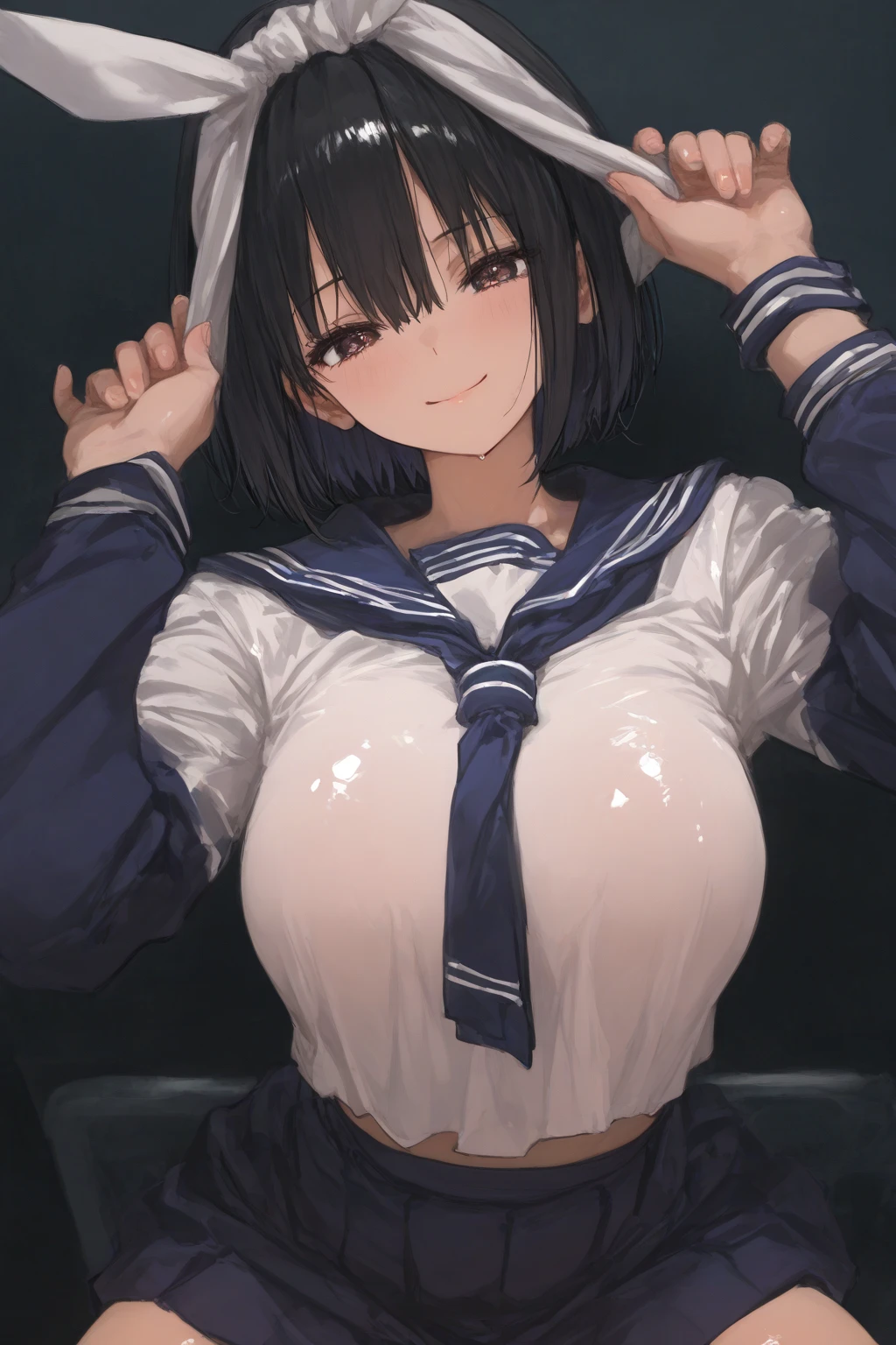 (best quality), (Super detailed), (Best Illustration), (nsfw), (1woman), (Ahegao:1.2), look at viewer, (white serafuku), (large breasts), {brown hair, (bob cut:1.2), curly hair, hairs between eyes}, {(detailed eyes), heart-shaped pupils, blue eyes}, sweat, steam,
