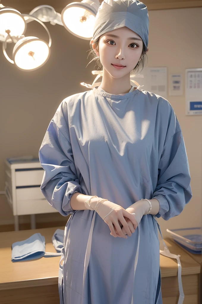 (cowboy shot:1.2), smiling elegant slim asian woman, Japanese, wearing surgical_mask_open, ((( completely_undone, surgical outfit))), black hair, (ojou-sama pose), (modern surgery room), photo, 1girl, ultra high res, realistic photorealistic, ultra-detailed, finely detailed, high resolution, perfect dynamic composition, (perfect eyes), (detailed eyes), solid circle eyes, sparkling eyes, (clean eyes), anatomically correct, super detail, textured skin, extremely detailed face and eyes, detailed facial features, ((perfect face)), wide hips