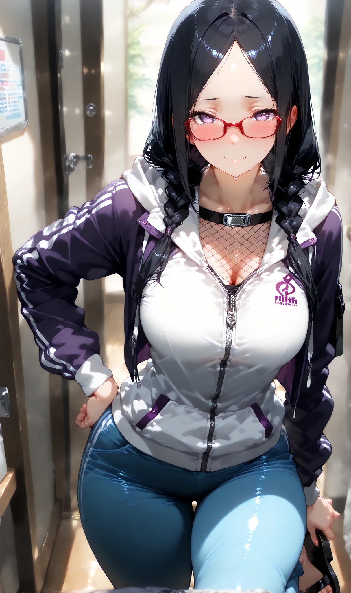 animetoreal,soft light, masterpiece, best quality,high quality,delicate face, realistic,photorealistic,1girl,,hyuuga_hinata, naruto_(series), naruto_shippuuden, 1girl, white_eyes,no_pupils, black_hair, black_pants, blunt_bangs, breasts, byakugan, fishnet_top, fishnets, hime_cut, holster, jacket, headband_around_neck, konohagakure_symbol, large_breasts, long_hair, pants, purple_jacket,thigh_holster,,in bathroom, from below