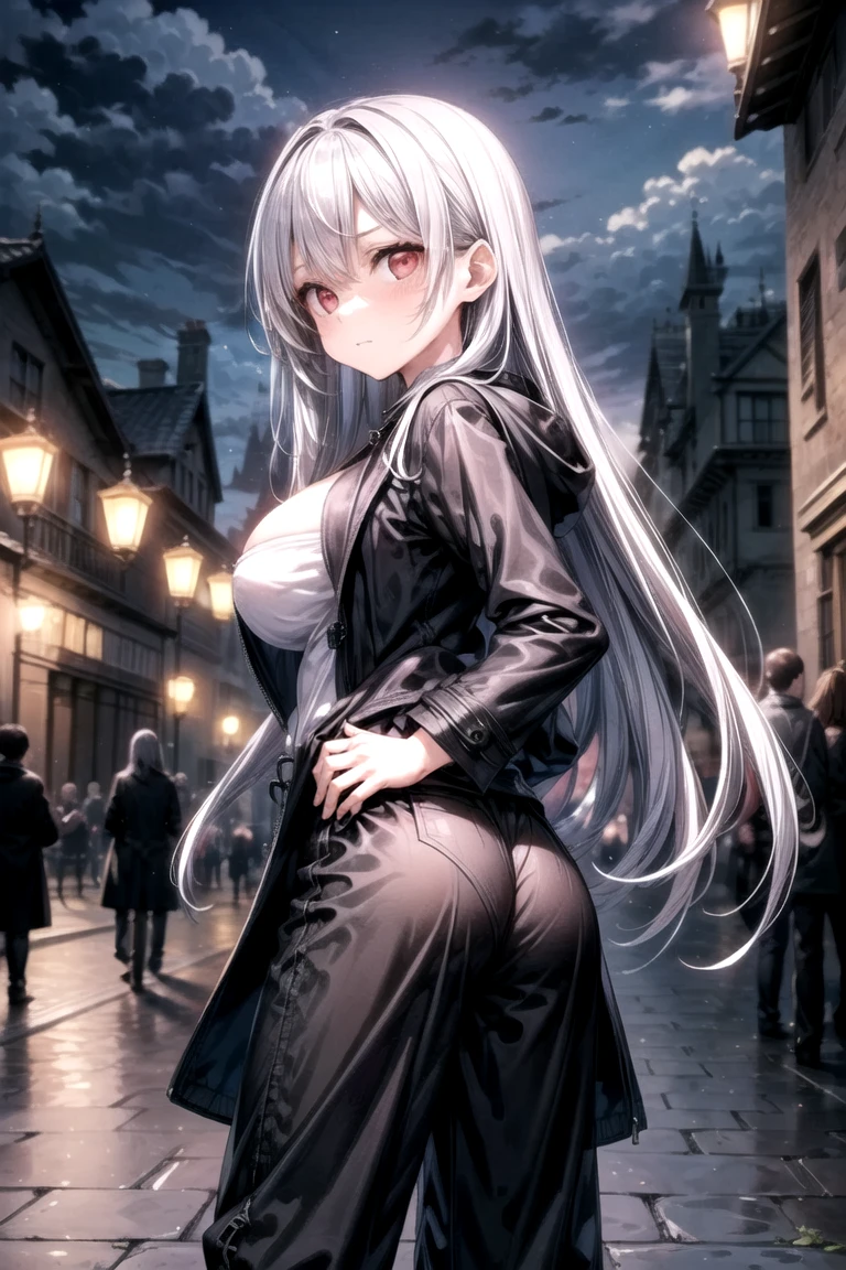 NSFW、One Girl、(20-year-old woman)、Cat ears headband、Shiny tail、Black enamel high leg suit、Ultra-thin suit、Skin is transparent、squat、Cat Pose、Black cat、City、Back alley at night、Green Eyes、Beautiful eyes、Laugh with fangs out、Faces aiming for prey、Looking from above