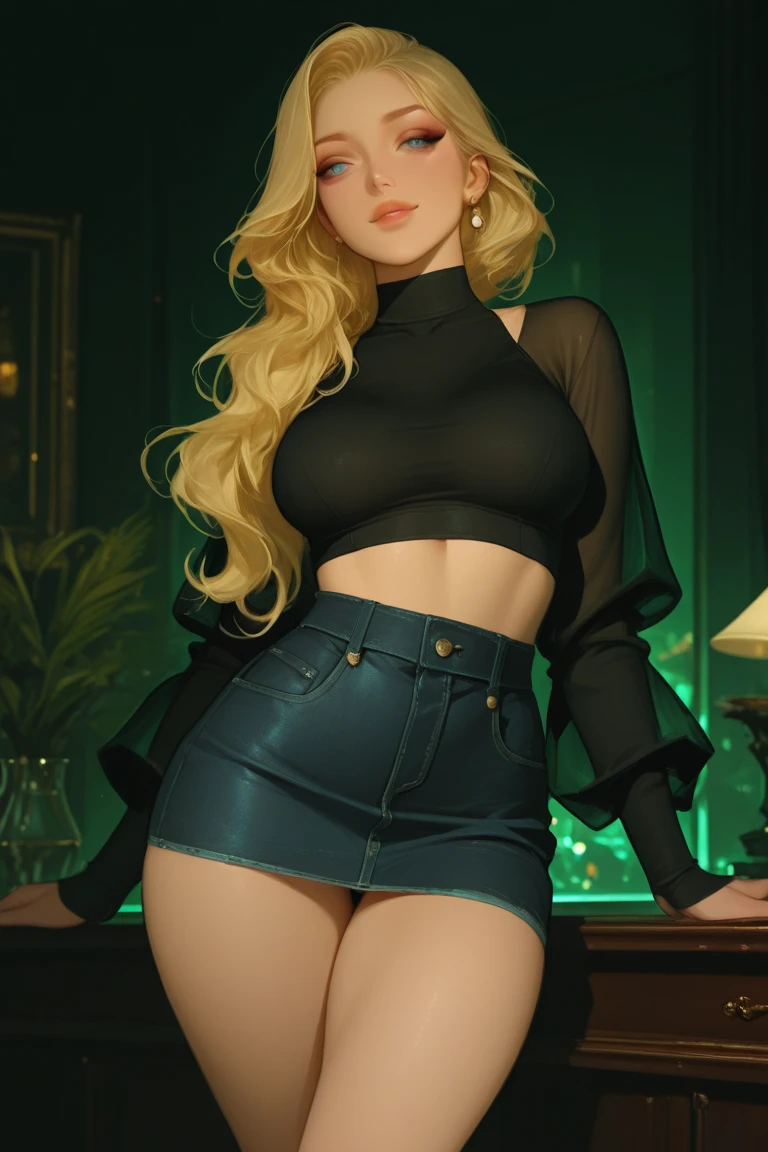 Mature age girl, curly blonde rainbow coloured hair, ((black mesh see through shirt)), tutu skirt, fishnet stockings, partially nude, Caucasian, ((one blue eye, one green eye))