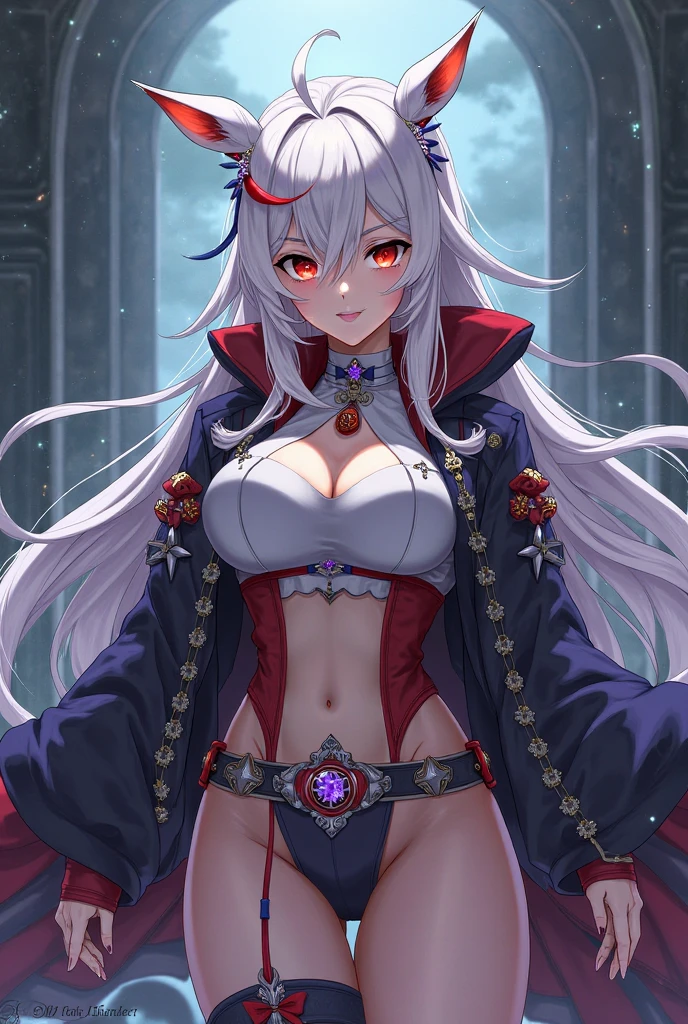 leaning back,Stand sideways,Put your hand on the sword,((highest quality)),High resolution,Sharp focus,(Super detailed,Very detailed),{best illustration},(complete anatomy),
(Very detailed CG unity 8k wallpaper),(((Vibrant colors))),Anime Style,
gleaming skin,Natural skin texture 鮮明な詳細, (Realistic eyes, Natural skin texture, Realistic facial details), Big Tits,
glamorous_expensive_Tight waist_Long legs,curve,Cleavage,
One girl,gran blue fantasy,Azusa,ponytail,((White corner:1.4)),Beautiful and elaborate face,
Perfect Eyes,Long Hair,(White big horn:1.4),Red Eyes,(Shiny silver hair),Camel Toe,jewelry,Gold earrings,
Japanese Kimono,White kimono,Black Hakama,skirt,Black shiny gauntlets,Red Scabbard Sword,Arrogant look, Domineering smile,
Black long sleeves with gold decoration,(White loincloth),white loincloth,
night,Japanese style,old,Shineオーラ,moon,star,Red shiny edges,water surface,autumn,in the forest,Emitting an aura,Shine,fine particles of light,water surfaceにmoonが写る,