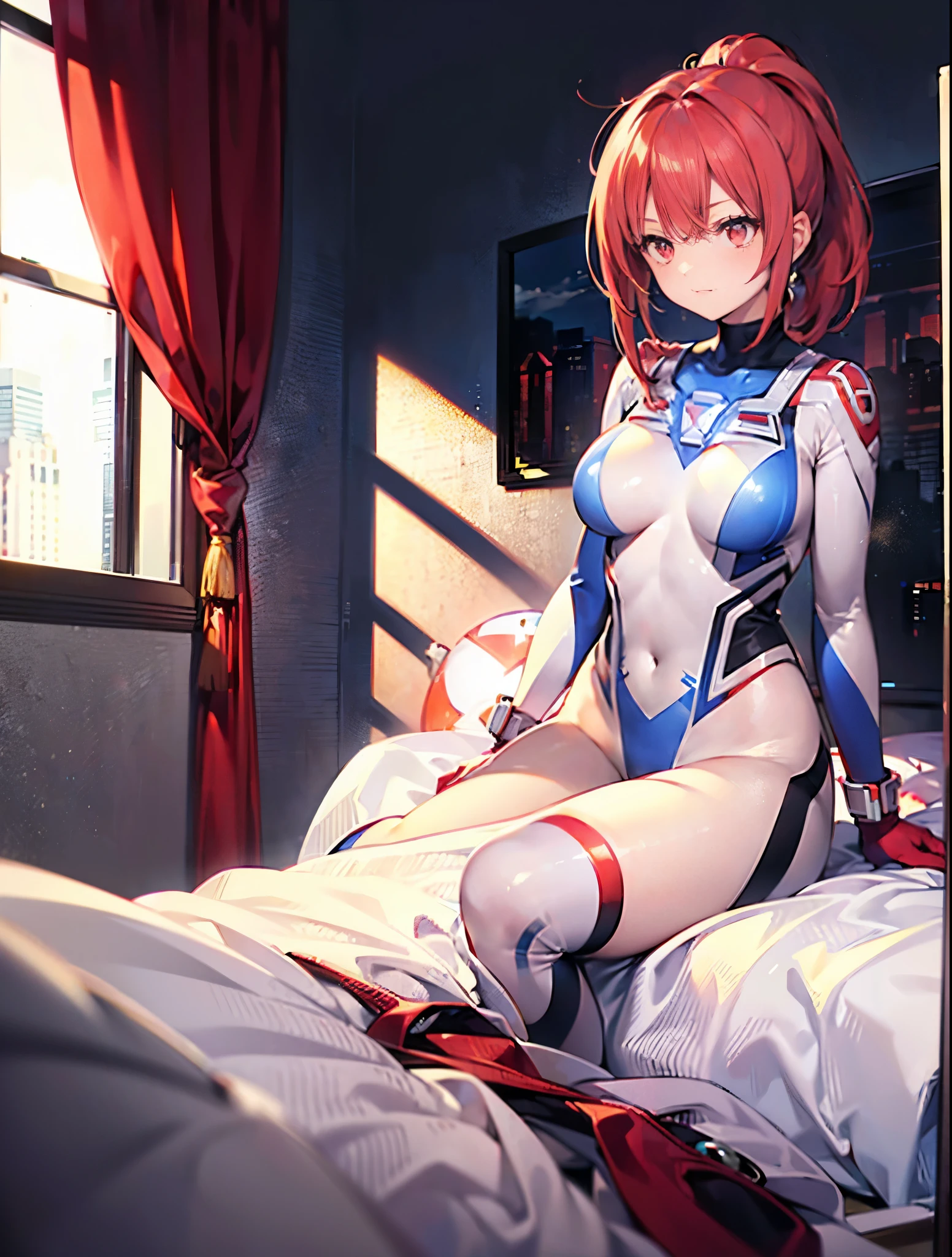 (Close-up:1.3),Realistic,Highest quality, Ultra Detail, High-quality CG rendering, The most delicate and beautiful, Floating softly, High resolution, (1 giant girl), (Highest quality,4K,8K,masterpiece:1.2),(All red hair:1.5), (ponytail:1.5),(Red eyes:1.5), (Ultra Girl:1.0), (All red Ultraman bodysuit:1.4),(Do not expose your skin:1.5),(Slightly larger breasts:1.5),(Red gloves:1.3),(Red Shoes:1.3),(whole body:1.3),(Troubled face:1.2),Small room,(Collapsed in bed:1.3),Defeated,Sleep,Are sleeping