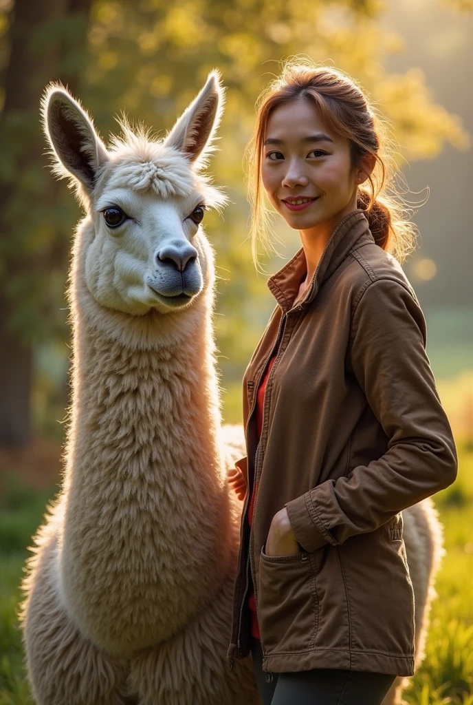 beautiful young asian girl, nature scene, posing next to a white llama, pretty smile, young face, black hair, big messy hair, fair skin, slim figure, very very large breasts, sagging breasts, wearing a skimpy orange shirt and cut off shorts, feminine, daytime