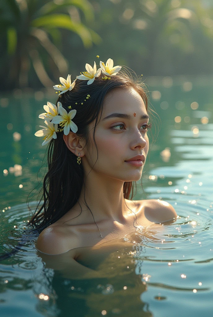 a close-up portrait of a beautiful girl sitting on top of a lotus flower, com cabelos longos e pele molhada, cercada por flores brilhantes rosa e brancas, no estilo da fotografia de fantasia, with beautiful cinematic lighting, no estilo da fotografia de fantasia, with cinematic style and close-up portraits --v 6.0