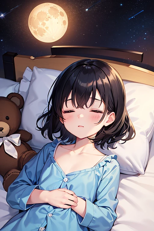 high resolution, ssmile, shorth hair, Bblack hair, view from above, pale skin, black eyes, longye hair, lying in a bed with black covers, black tee, Star of Israel necklace, under the light of the stars emitted by a stained glass window, hugging a dark brown teddy bear