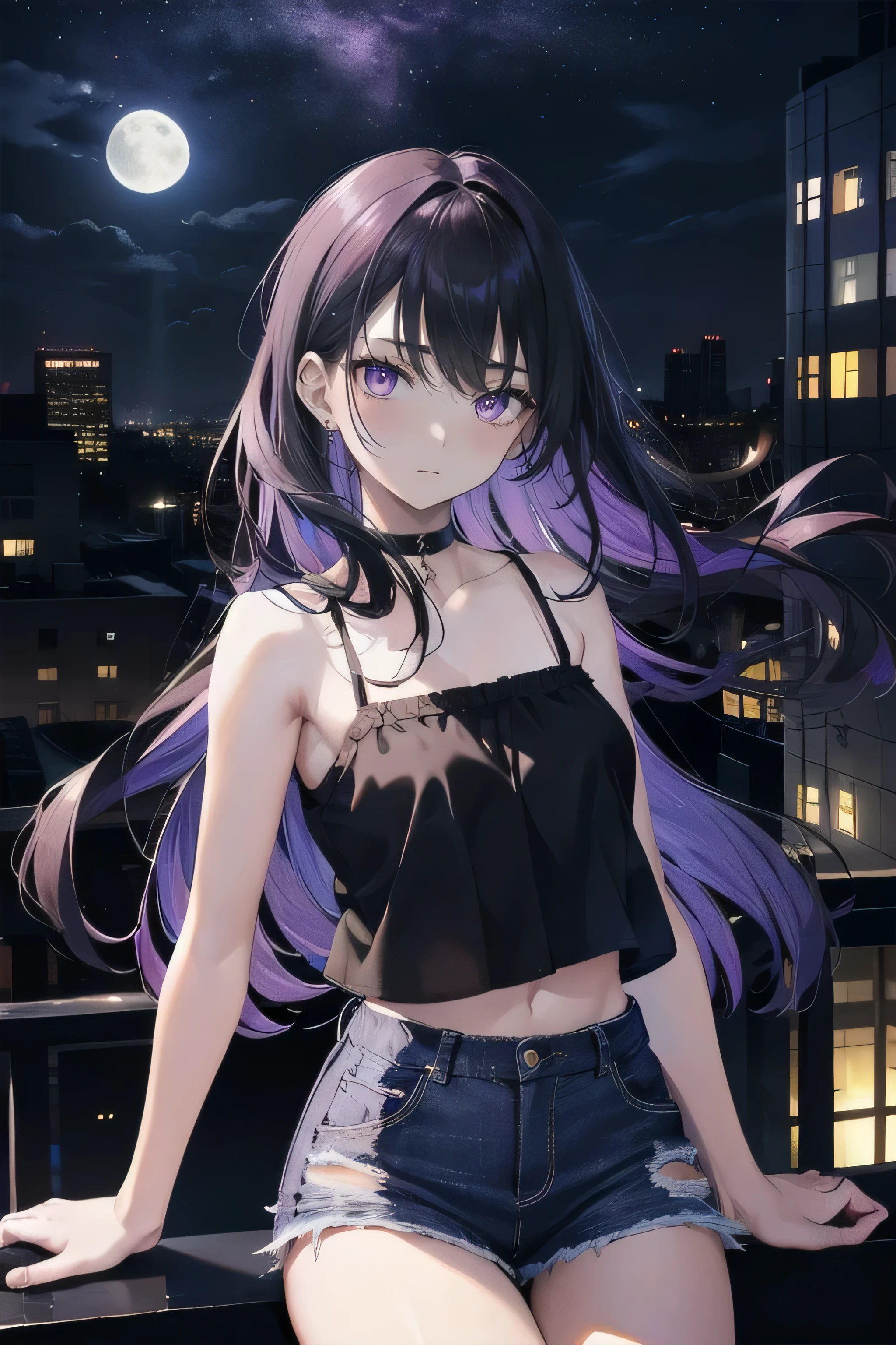 (masterpiece), (best quality), ultra detailed, finely detailed color, cenematic painting, anime lady, model, ((one lady)), 20-years-old, cute face, black hair, absurdly long hair, straight hair, (violet eyes:1.2), purple eyes, standing, chocker, ((black camisole)), sleeveless, legs, short jeans, emotionless, slender body, small , urban, moon, moonlight, rooftop, city, night