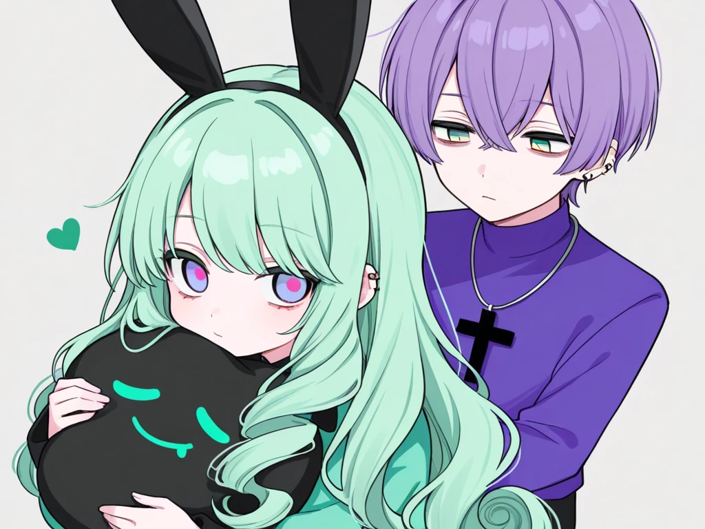 2girls,{{ chest, Nikkesoda, Purple eyes, Long Hair, Green Hair, bangs,}},{{black bunny,Nikkesoda,pink hair}},Father Matching