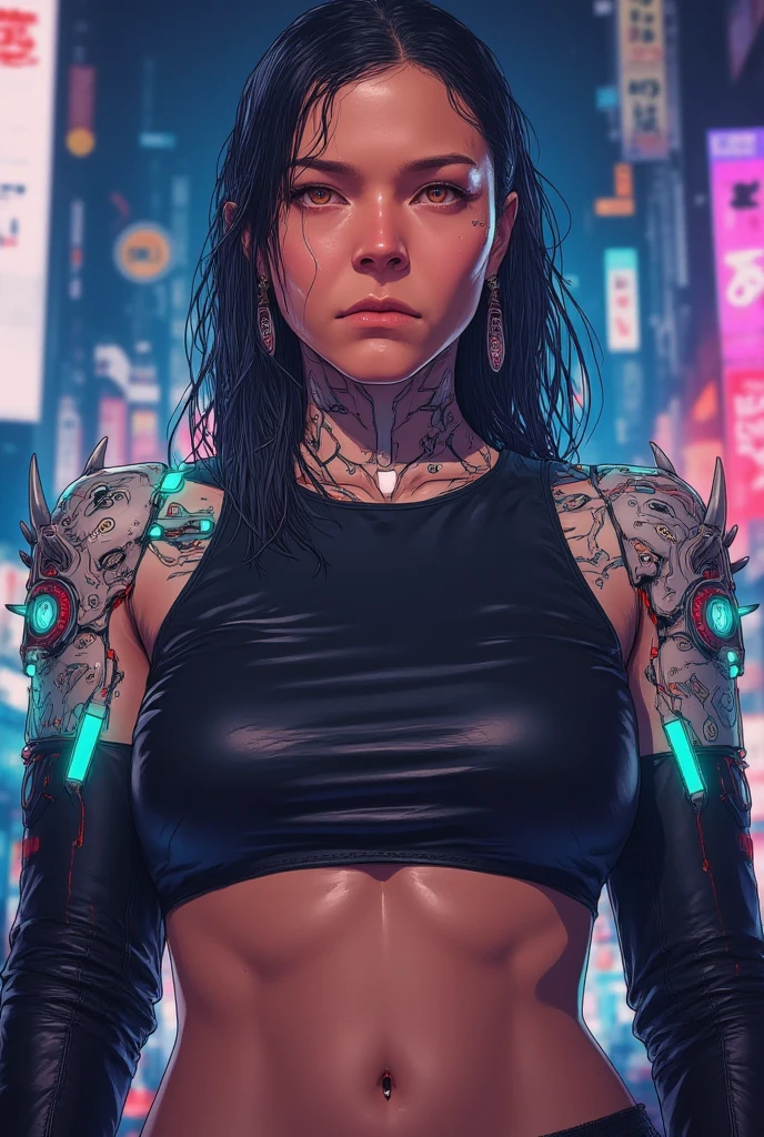 a female wearing a cyberpunk jacket style , cyberpunk theme, futuristic, tempting look, cleavage,(( cyberpunk sleeve jacket)), tattoo on her arms, futuristic t-shirt, choker,  gloves,   sport bra, leather pants, (((masterpiece))),  ((best quality)), ((intricate detailed)), ((Hyperrealistic)), a woman with perfect body figure wearing cyberpunk cloth, pale skin, (),  highly detailed, illustration, perfect hands, detailed fingers, beautiful detailed eyes, blue hair, black hair, multiple color hair, short hair, (cyberpunk:1.2),  armor, detailed background, cyberpunk city , night, neon lights, lens flare, tempting look, looking at the viewer, from the front,mammoth_metal_style