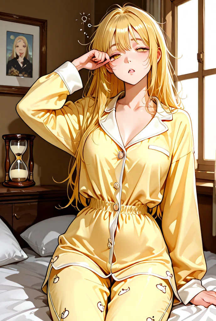 Kizi, long hair, blond, fly away, amber eyes, semi open pajamas, sleep state in bed