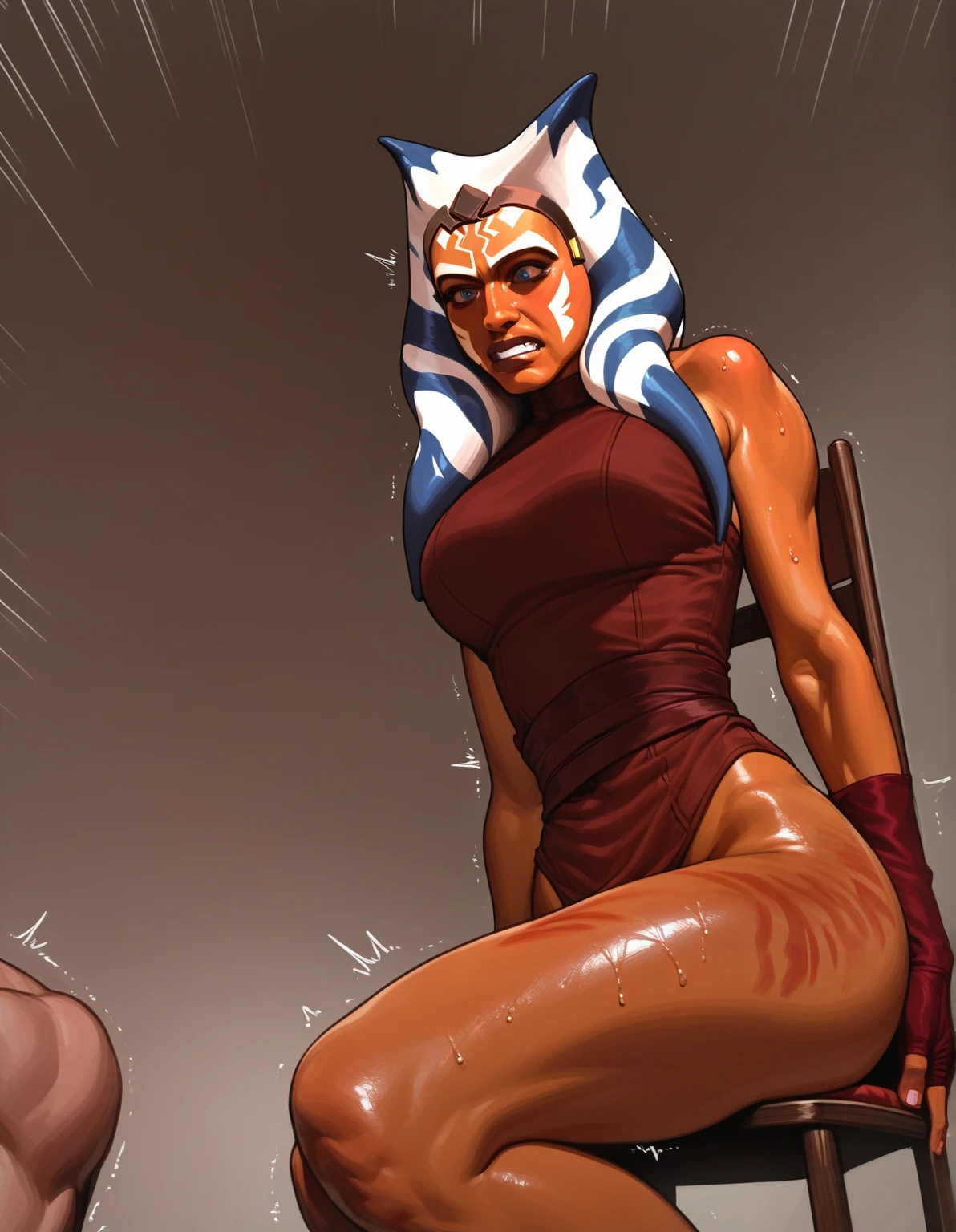 (masterpiece, best quality), intricate details, ahsoka (standing full body toe to head by wooden pole:1.2) iron collar, arms behind back, iron cuffs, shackles, bound, bondage outfit, harness, o-ring, bondage outfit blindfolded cover eyes, happy red cheeks, chain leash collar choker neck bell shackles wristbands bracers bracelets, cleave gag
