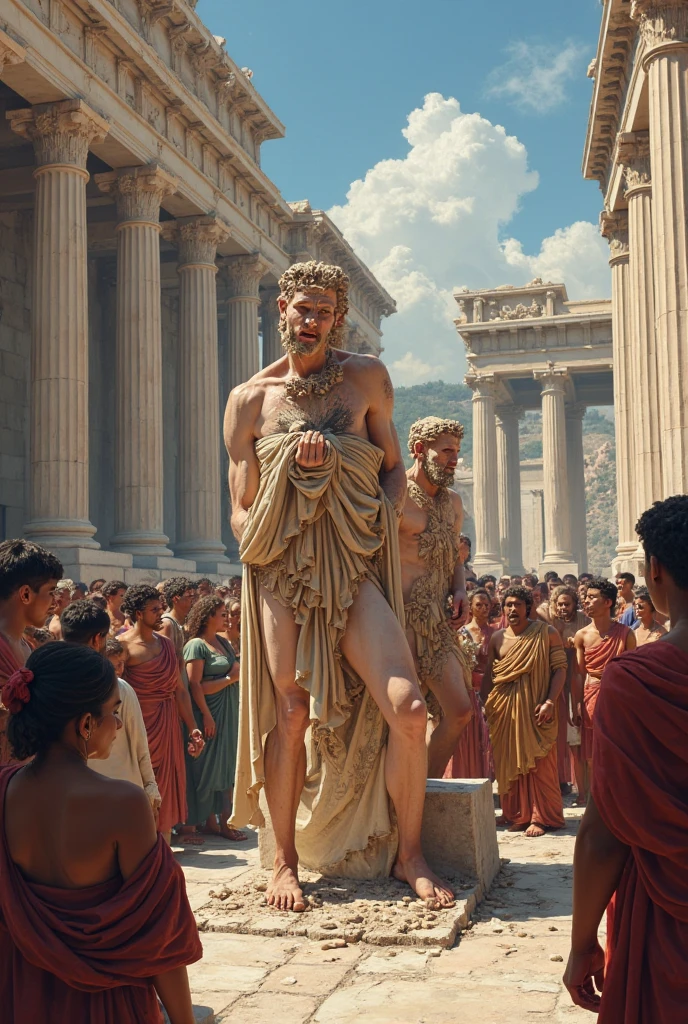 Create a compelling visual narrative that delves into the tumultuous reactions of Roman nobility and commoners to the shocking events of Nero's era, with a central focus on the unconventional marriage of a castrated boy. Transport the viewer to a lavishly adorned Roman Senate chamber where senators and noblemen gather in heated discussion, their expressions and gestures reflecting disbelief and outrage. Contrast this with bustling Roman streets and markets, where the citizens openly express their discontent. Ensure Nero's imposing portrait dominates the backdrop, symbolizing his dominance over the empire. Incorporate authentic historical elements like the attire and architecture of ancient Rome, as well as significant Roman symbols, to evoke the period's ambiance. Convey the palpable tension and protests in the air, leaving viewers with a profound sense of the era's unrest. Make this visual representation a gateway to a pivotal chapter in Roman history.8k,cinematic