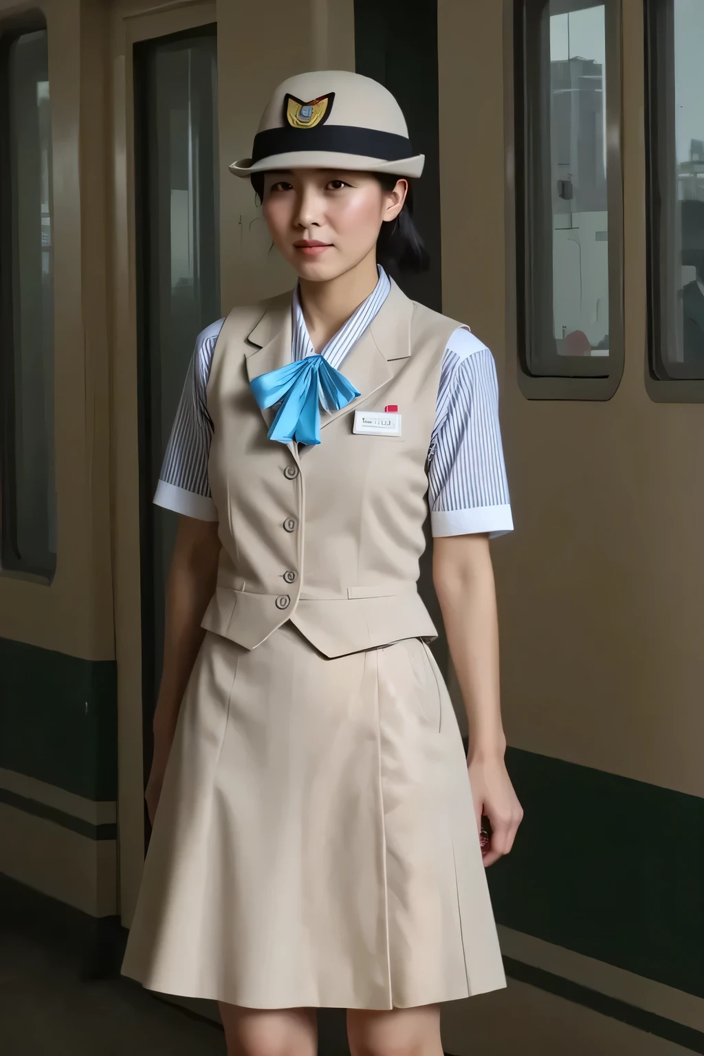 (masterpiece:1.2, Highest Quality:1.2), 32kHDR, high definition, (alone、one girl on break day)、( Daytime building roof 、Professional Writing)、With the roof of the building in the background 、(JR WOMAN Train Crew Uniform Beige Real Style)、((JR WOMAN TRAIN CREW UNIFORM BEIGE LIGHT BLUE BLOUSE SHORT SLEEVE 、 Knee-length culottes skirt、 beige vest、scarf))、、dark brown hair、(long hair、 Dot-like hair、 Dot-like hair)、dark brown hair、 long hit 、Big Breasts、 Continue reading 、(( amazing hands :2.0)),((A harmonious body shape:1.5)),((normal limbs:2.0)),((Don't make a JR Gran Class flight attendant uniform with pink decorations on the sleeves:2.0)),(( clock:2.0)),((Normal eyes:2.0)))、smile、(JR Woman Train crew uniform beigeのKnee-length culottes skirtを見せた美しい立ち姿)、Put your hands down