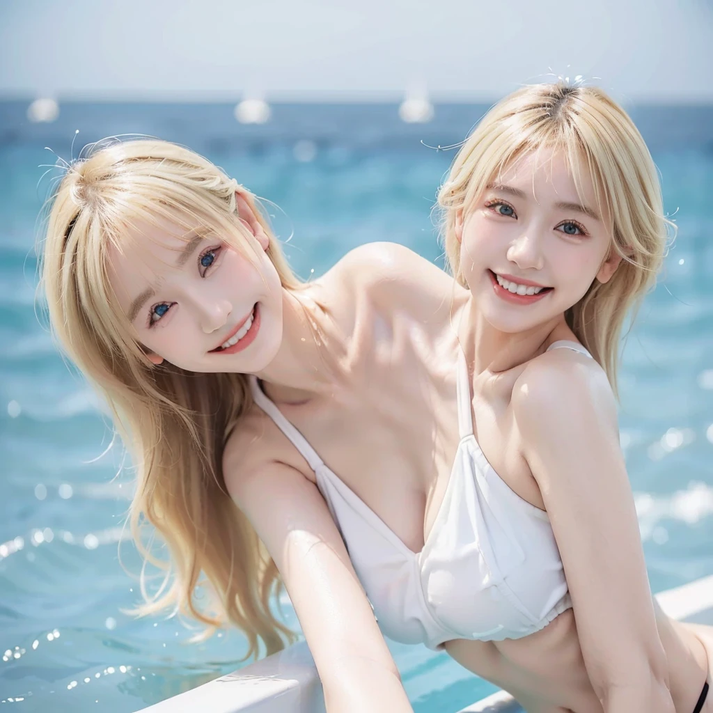 2heads, korean woman with two heads, smiling, peace sign, bikini, beach background