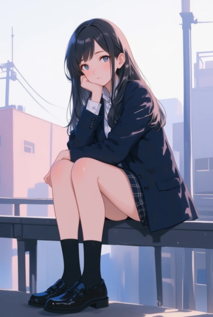 Top quality, masterpiece, High resolution, (Head to toe full body), front, frontやや下からの構図, Symmetric, Tall 18 year old girl, alone, (Head to toe), (Small breasts), Unkempt brown hair, bangs, (black tights), (Black Pantyhose), (Sit with your legs apart), (Crouching pose), (A composition showing white panties), (Her legs were spread、I see your white pants.), (I was made to sit on the floor with my legs spread..), (M-shaped legs), Thin legs, A very beautiful and tall 18 year old girl, (No shoes), blush, Shy big eyes, looking at the camera, Blazer Uniform, Checkered Pleated Skirt,((Highest quality)), (Very detailed), (High-definition CG synthesis 8K wallpaper), 高いly detailed, 高い-definition raw color photos, Professional photography, (((Bokeh))), Written boundary depth,