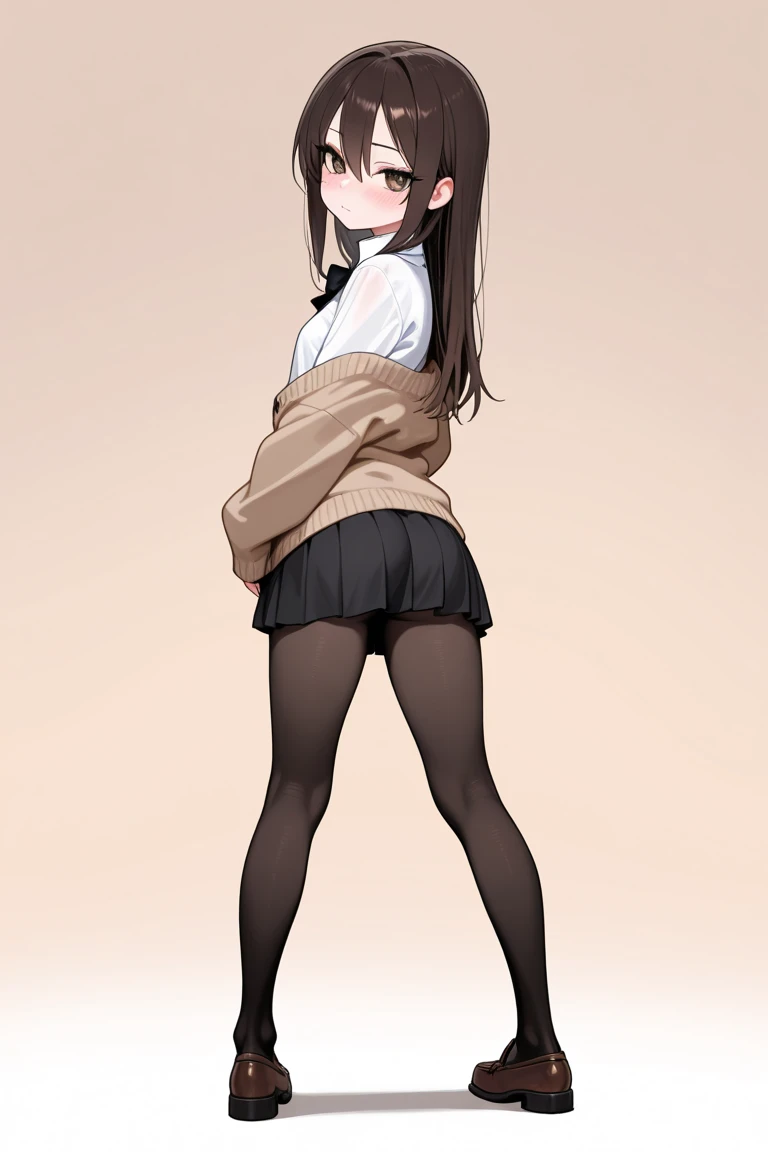 1girl, ((girl)) 、1 person、small face,20-year-old、 (tears) 、white sweater、((plaid pleated skirt)) 、((black pantyhose:1.5)) 、Brown snow boots, (princess cut), (bob cut)、(medium hair)、(ponytail:1.5) 、brown hair 、sad expression、 (no background:1.5)