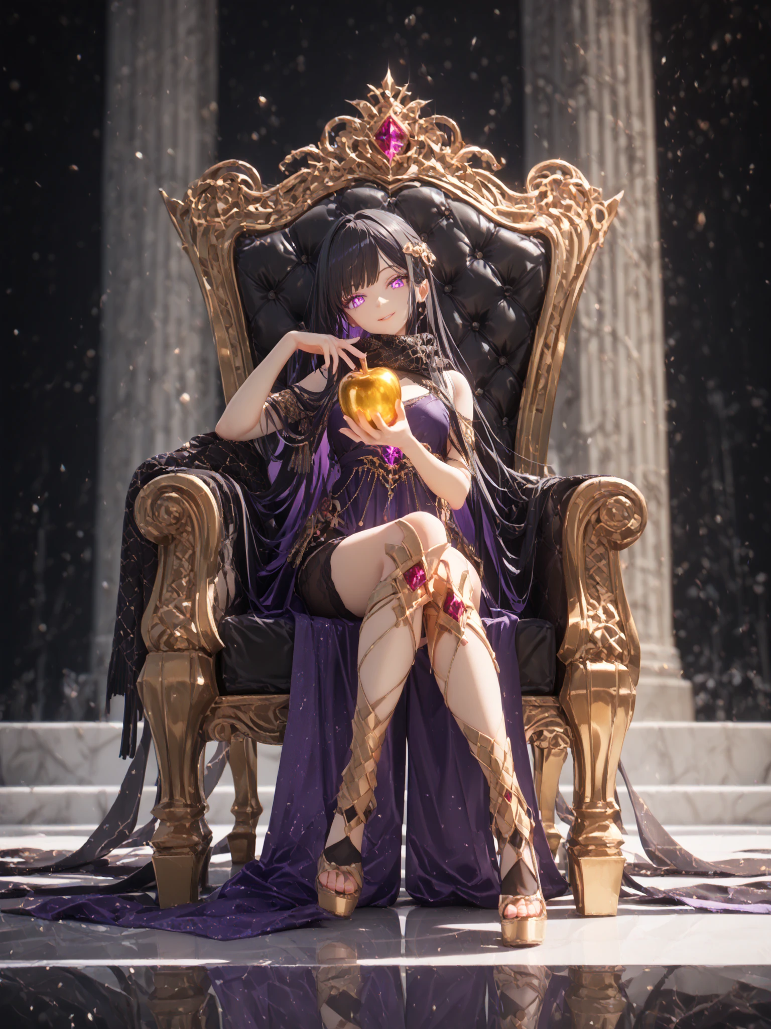 1 Girl, Black hair, long hair, glowing violet eyes, holding an ominous golden apple, lift up the apple, luxury red and violet noble dress with metallic gold embeddings, black see through scarf, floating scarf, sitting on a throne, Luxury throne, crossing legs, head tilt, menacing smile, hand on the throne seat, full body view