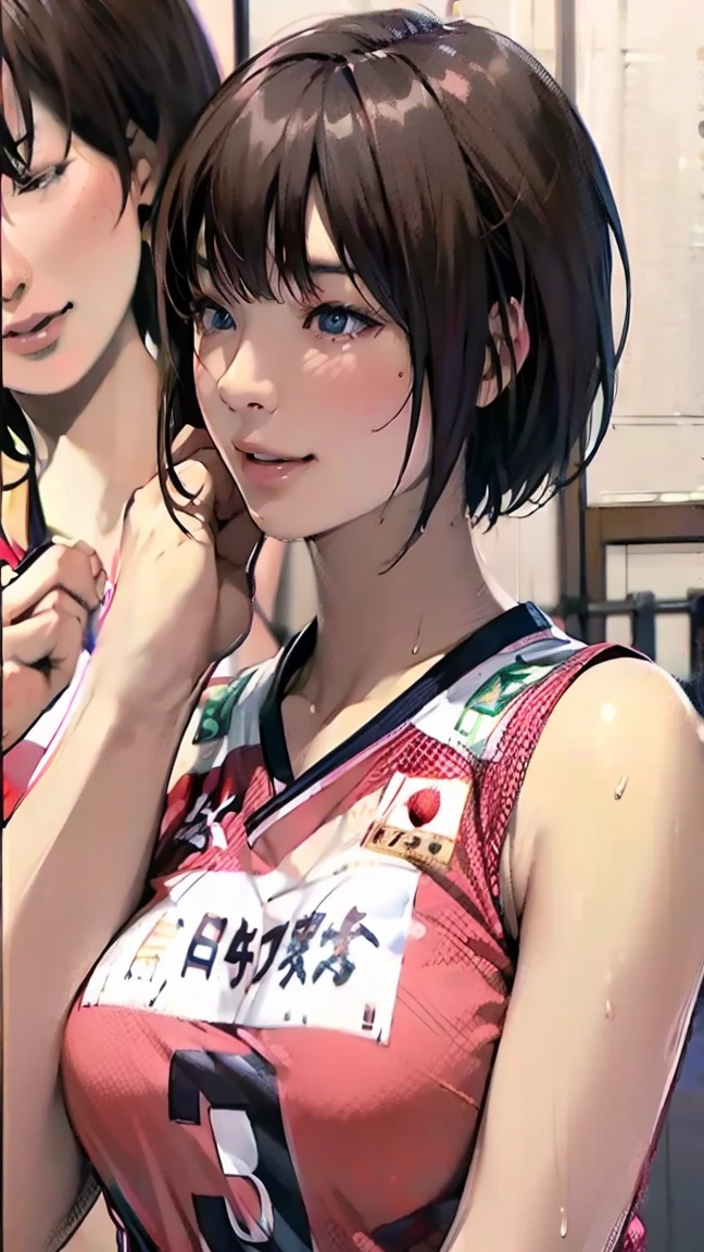 perfection、masterpiece、(Highest quality、High resolution:1.2)、 1 person、Beautifully detailed eyes、Beautiful pink lips、Highly detailed eyes and face、Bright colors、Ultra Close-Up、Close-up of face、HDR、Studio Lighting、Ultra-high definition painting、Sharp focus、Physically Based Rendering、Extremely detailed depiction、moderate bust、perfectionな形、Facing the viewer、Sweat、smile、Volleyball Player、((Sleeveless red volleyball uniform))
