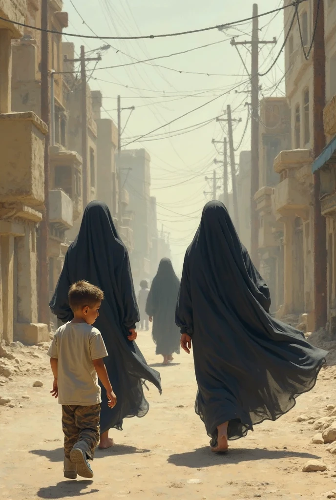  A poignant, old photograph of an Iranian mother and her child fleeing a riot in the streets of Tehran. The mother, wearing a traditional black chador, pulls her young son along as they run, their faces filled with fear. The background is chaotic, with smoke, flames, and distant silhouettes of other Iranian protestors. The image’s grainy texture and slight blur add to the urgency and reality of the moment, reminiscent of the era’s photography.