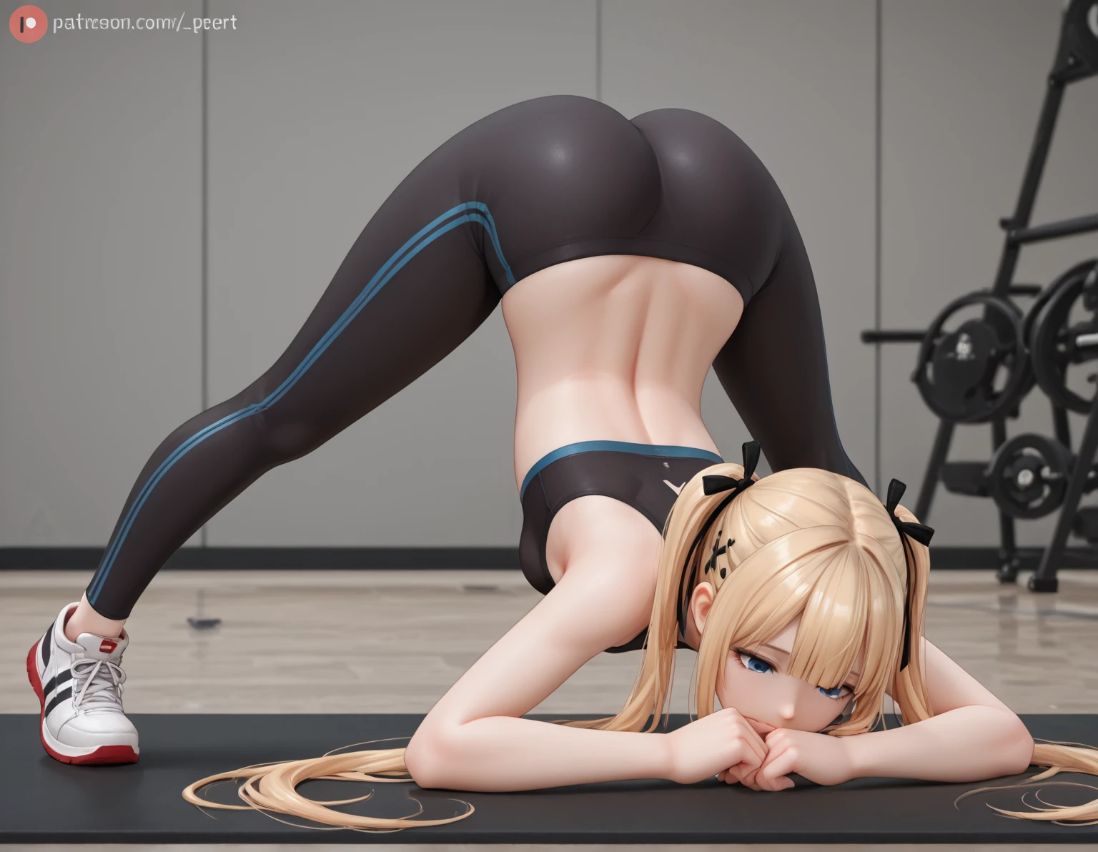 blond anime girl, big ass, panties, masterpiece, highres, super detail, anatomically correct, high details, bending over, angry face, (solo)