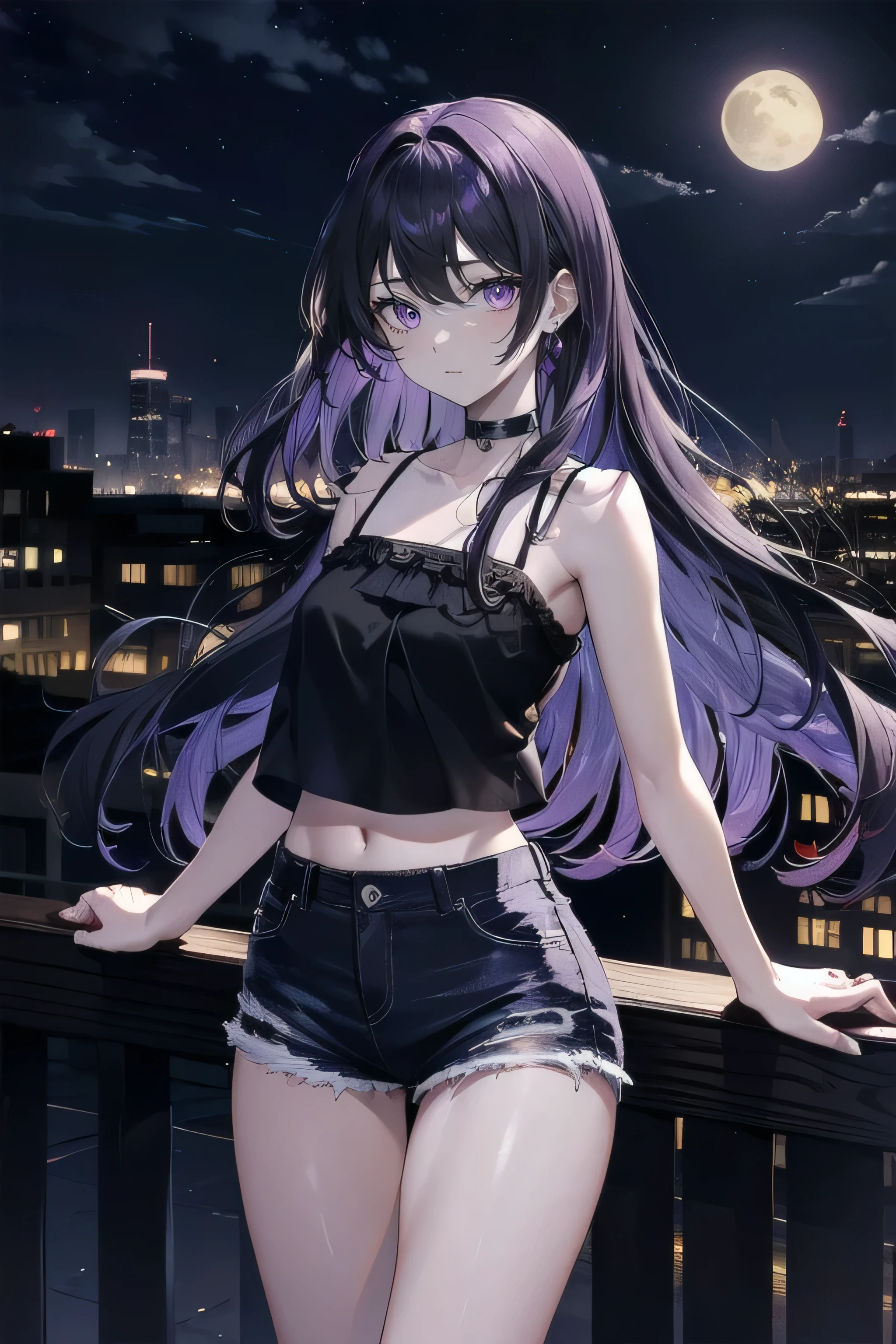 (masterpiece), (best quality), ultra detailed, finely detailed color, cenematic painting, anime lady, model, ((one lady)), 20-years-old, cute face, black hair, absurdly long hair, straight hair, (violet eyes:1.2), purple eyes, standing, chocker, ((black camisole)), sleeveless, bare legs, short jeans, emotionless, slender body, small chest, urban, moon, moonlight, rooftop, city, night